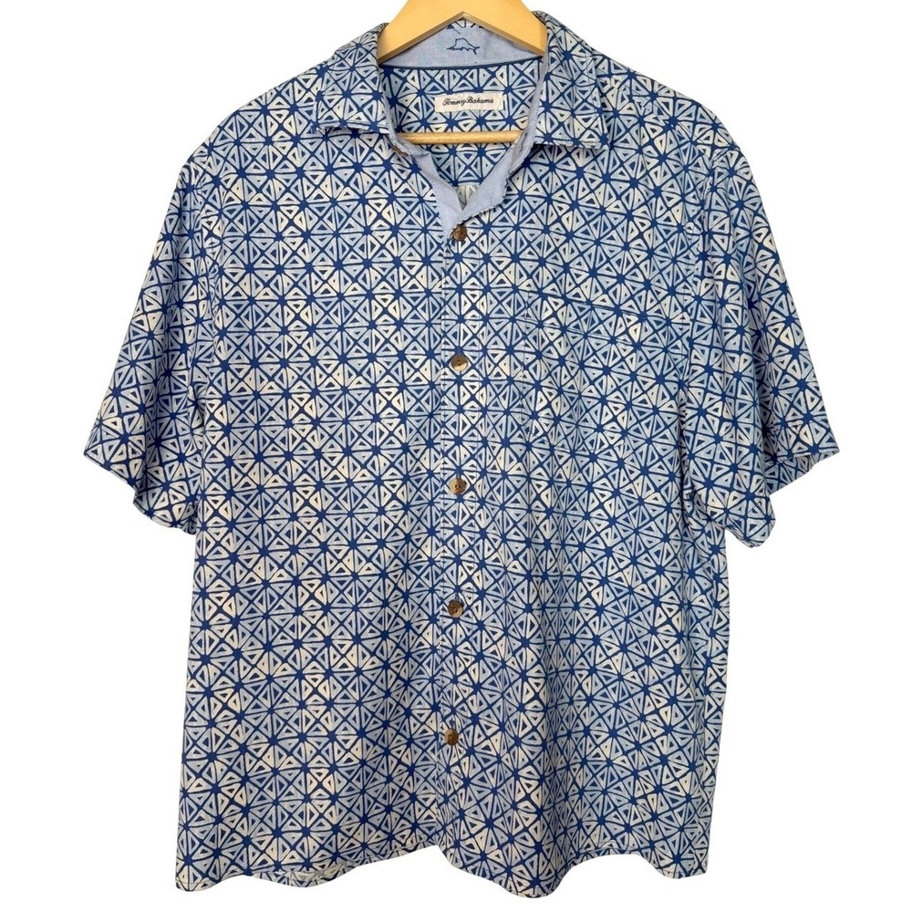 Tommy Bahama Silk Blend Blue Geometric Triangle Coastal Button Down Mens Large